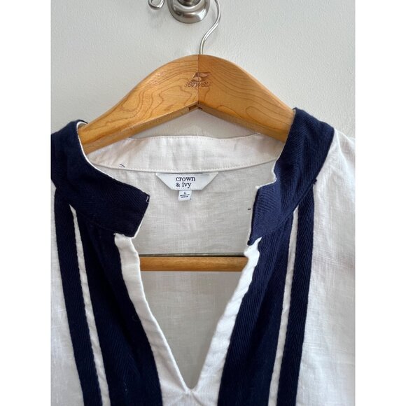 Crown & Ivy Linen Tunic Blouse Womens L White with Navy Trim 3/4 Sleeve - Picture 2 of 7